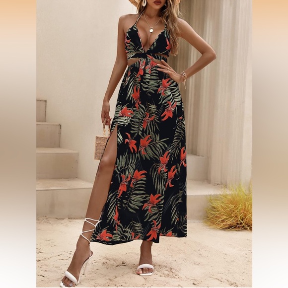 Dresses & Skirts - Navy Tropical Cutout Maxi Dress | Halter Floral Slit Summer Dress